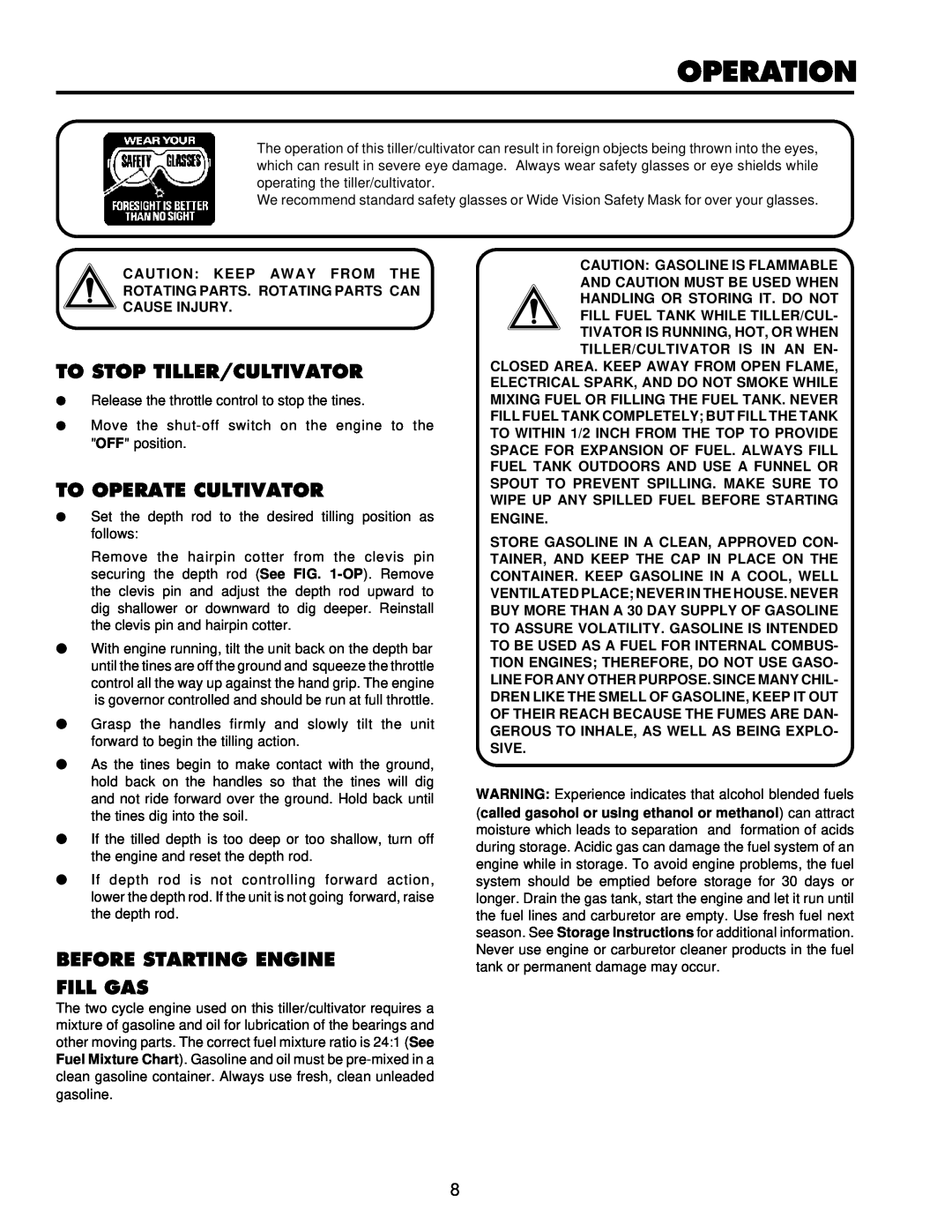 Husqvarna CT16 owner manual To Stop Tiller/Cultivator, To Operate Cultivator, Before Starting Engine Fill Gas, Operation 