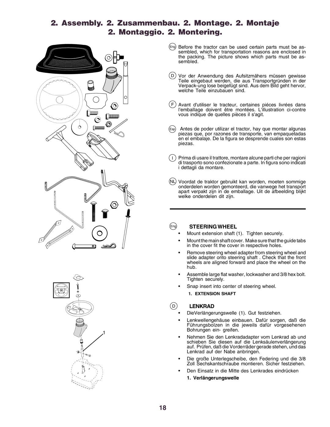 Husqvarna CT160 instruction manual Eng Steering Wheel, Lenkrad, Verlängerungswelle 