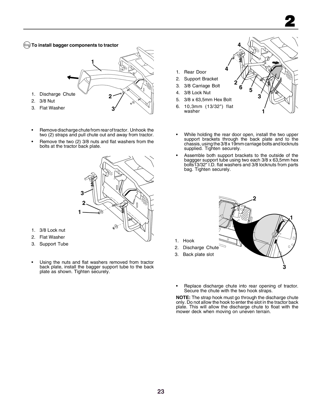 Husqvarna CT160 instruction manual Eng To install bagger components to tractor, Discharge Chute Nut Flat Washer 