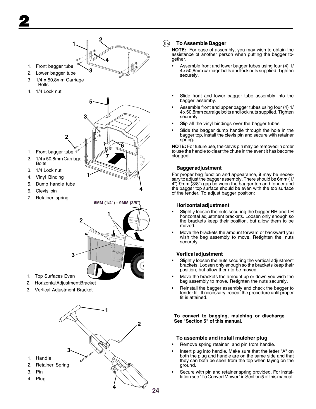 Husqvarna CT160 instruction manual Eng To Assemble Bagger, Bagger adjustment, Horizontal adjustment, Vertical adjustment 