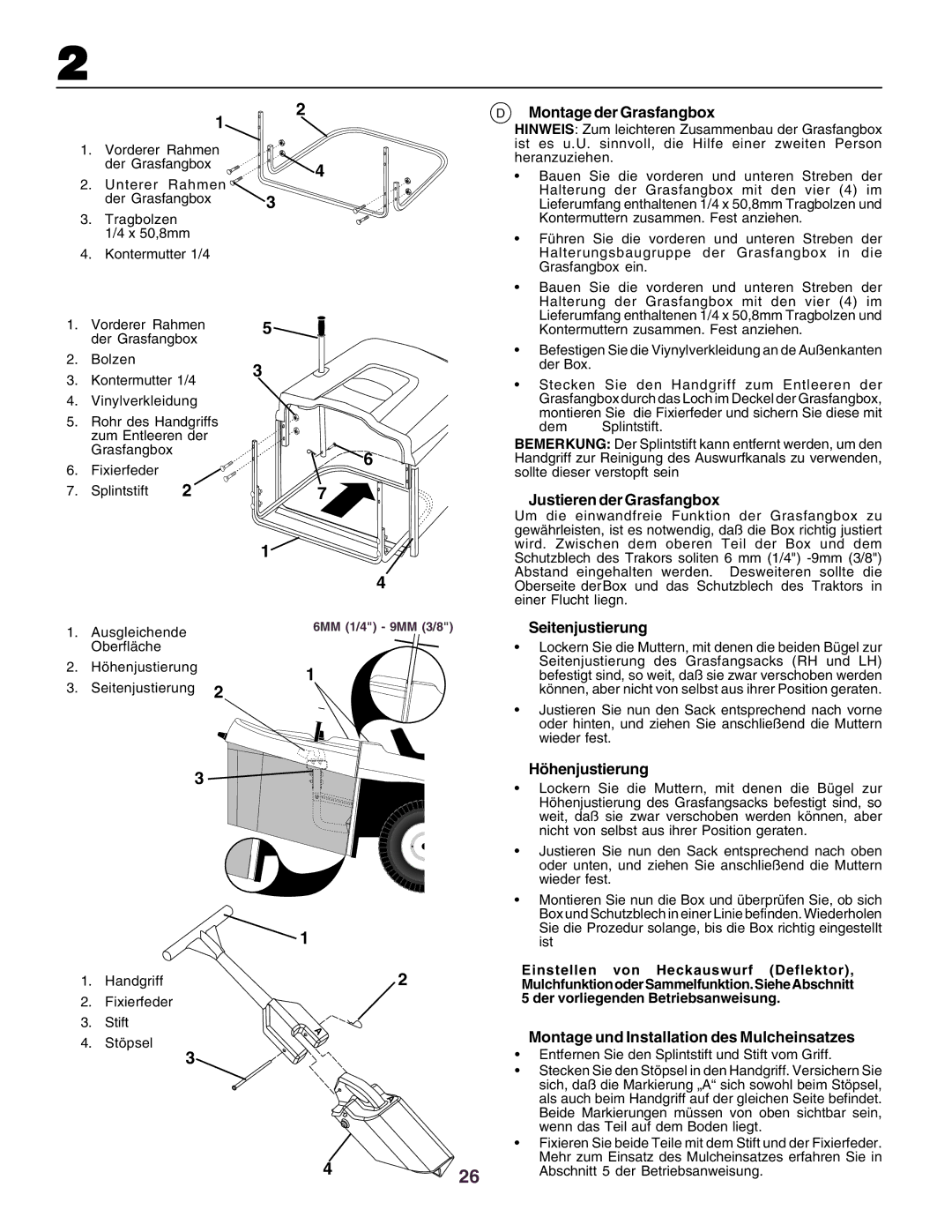 Husqvarna CT160 instruction manual Montage der Grasfangbox, Justieren der Grasfangbox, Seitenjustierung, Höhenjustierung 