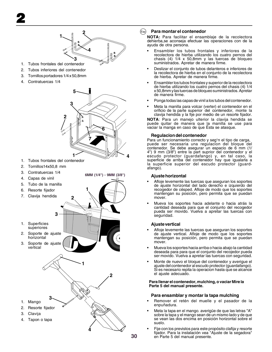 Husqvarna CT160 Esp Para montar el contenedor, Regulacion del contenedor, Ajuste horizontal, Ajuste vertical 