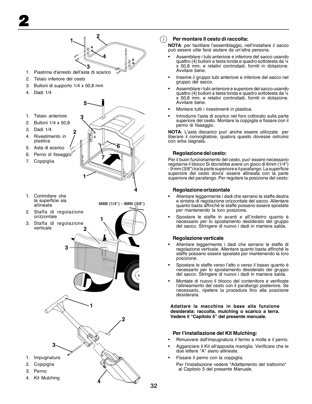 Husqvarna CT160 Per montare il cesto di raccolta, Regolazione del cesto, Regolazione orizzontale, Regolazione verticale 