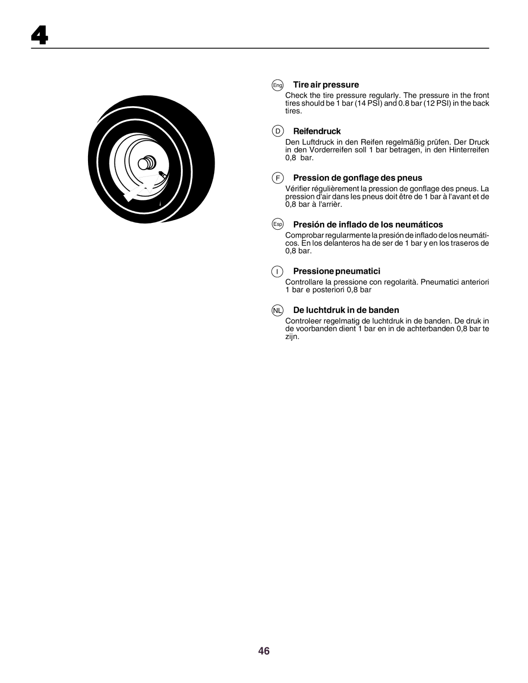 Husqvarna CT160 instruction manual Eng Tire air pressure, Reifendruck, Pression de gonflage des pneus, Pressione pneumatici 