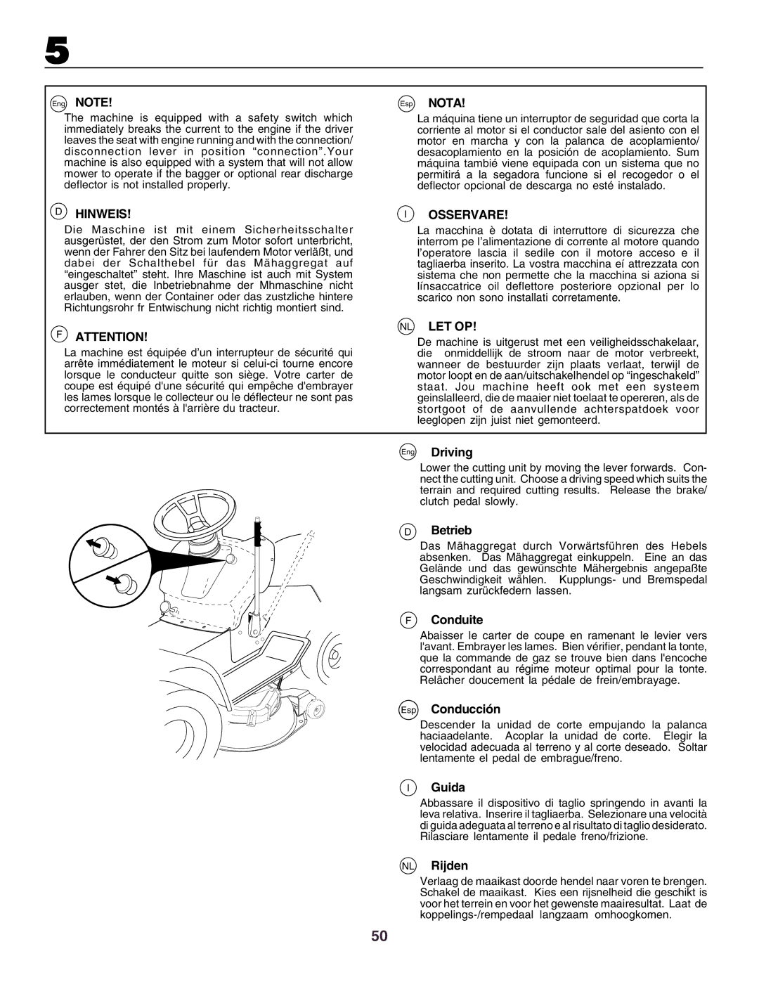 Husqvarna CT160 instruction manual Eng Driving, Betrieb, Conduite, Esp Conducción, Guida, NL Rijden 