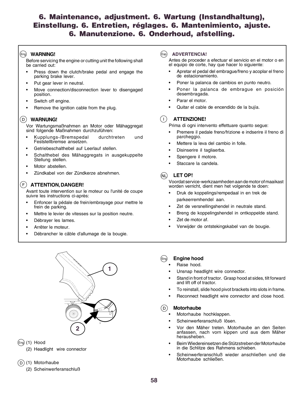 Husqvarna CT160 instruction manual Eng Engine hood, Motorhaube 