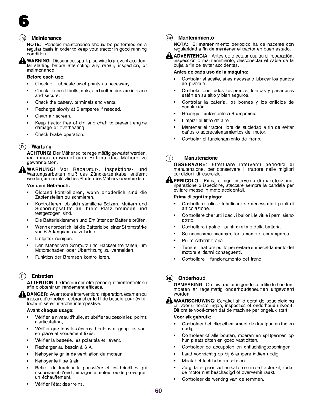 Husqvarna CT160 instruction manual Eng Maintenance, Wartung, Entretien, Esp Mantenimiento, Manutenzione, NL Onderhoud 