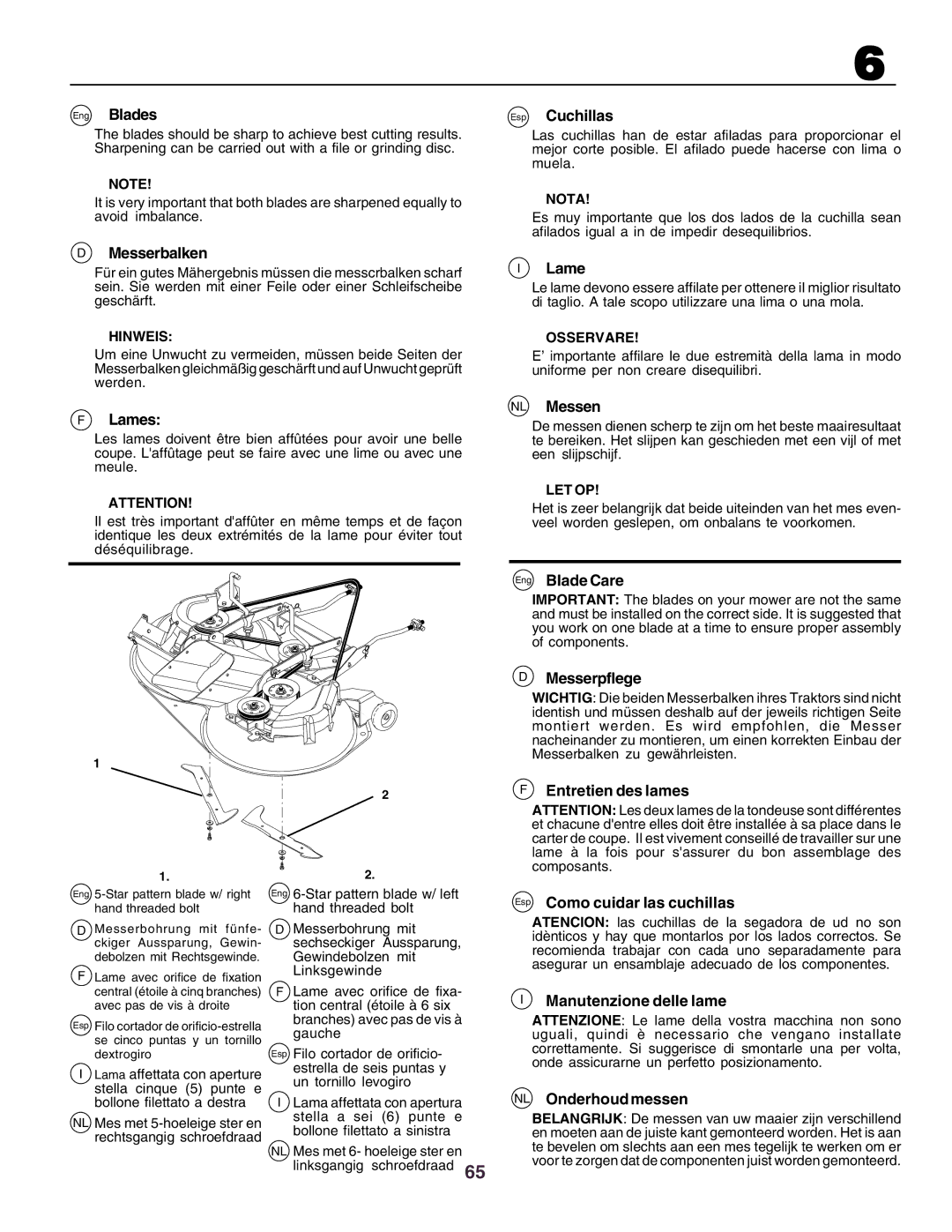 Husqvarna CT160 instruction manual Eng Blades, Messerbalken, Lames, Esp Cuchillas, NL Messen, Eng Blade Care, Messerpflege 