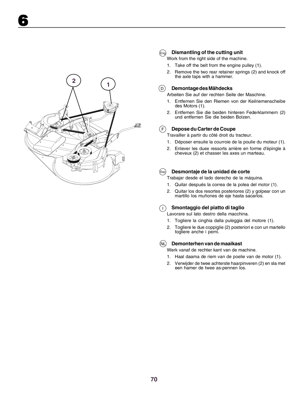 Husqvarna CT160 instruction manual Eng Dismantling of the cutting unit, Demontage des Mähdecks, Depose du Carter de Coupe 