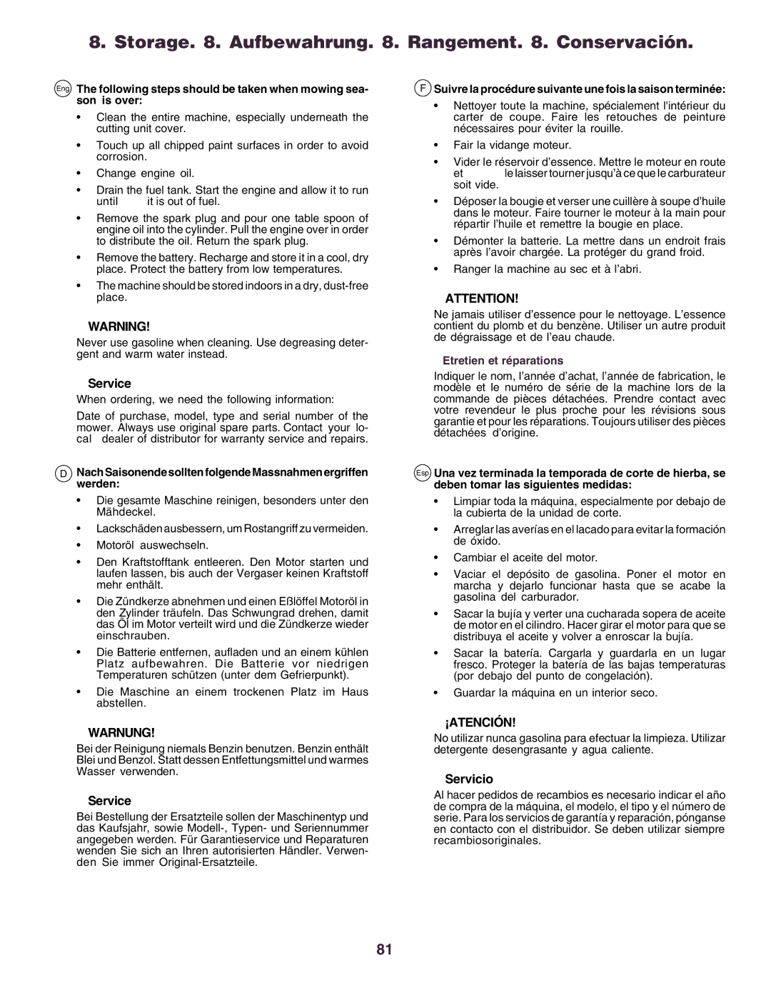 Husqvarna CT160 instruction manual Storage . Aufbewahrung . Rangement . Conservación, Service, ¡Atención, Servicio 