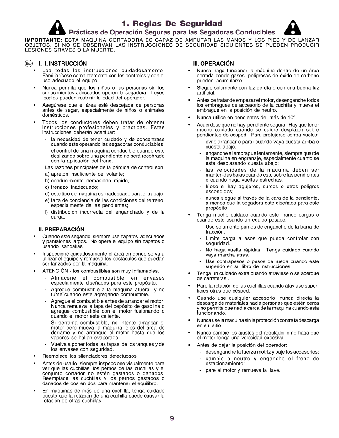 Husqvarna CT160 instruction manual Reglas De Seguridad, Esp I. I. Instrucción, III. Operación, II. Preparación 