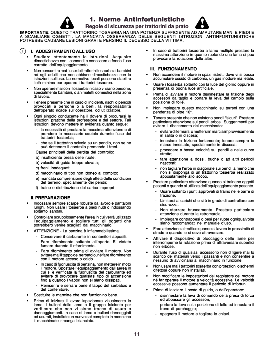 Husqvarna CT160 Norme Antinfortunistiche, Regole di sicurezza per trattorini da prato, I. Addestramento All’Uso 