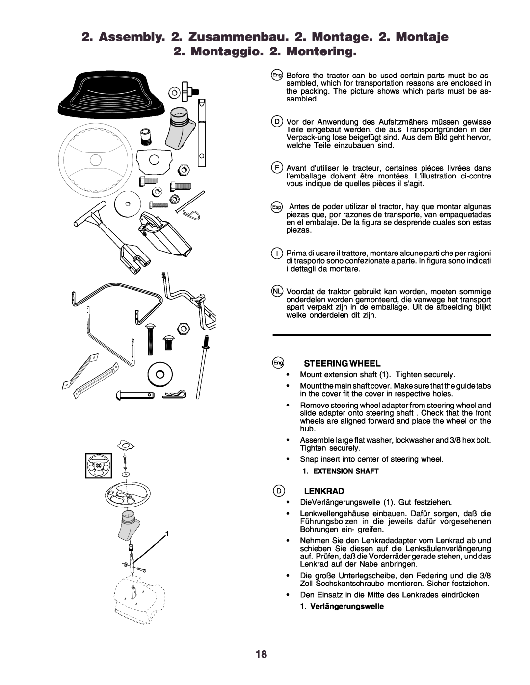 Husqvarna CT160 instruction manual Montaggio. 2. Montering, Eng STEERING WHEEL, Dlenkrad, Verlängerungswelle 
