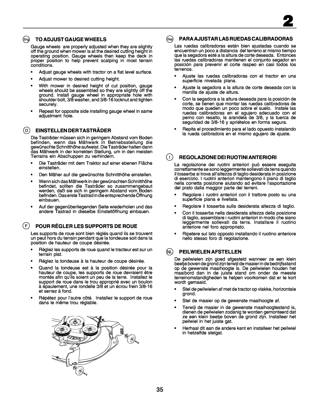 Husqvarna CT160 instruction manual Eng TO ADJUST GAUGE WHEELS, Deinstellen Der Tasträder, Fpour Régler Les Supports De Roue 