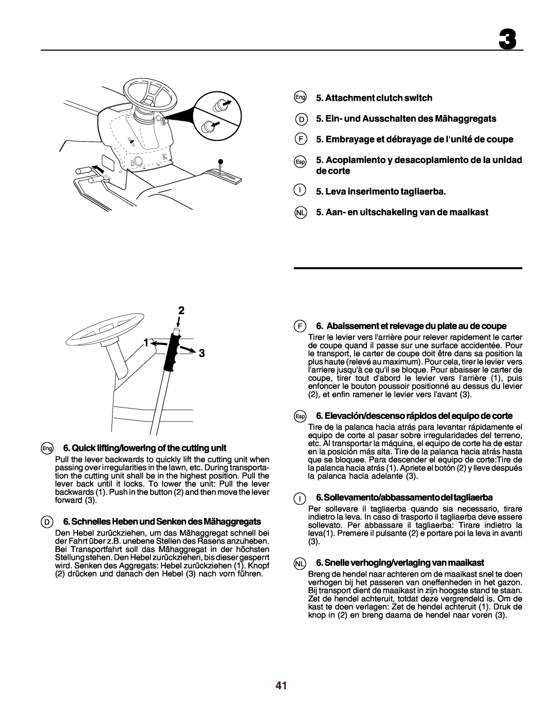 Husqvarna CT160 instruction manual 2 1 3, Eng 5. Attachment clutch switch, D5. Ein- und Ausschalten des Mähaggregats 