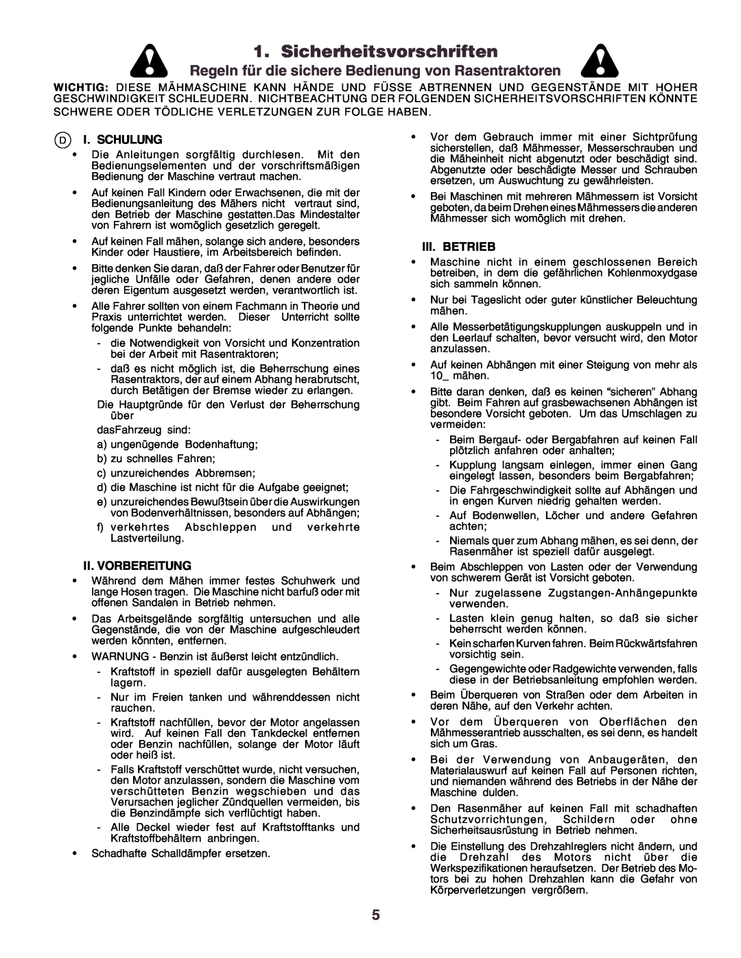 Husqvarna CT160 instruction manual Sicherheitsvorschriften, Di. Schulung, Ii.Vorbereitung, Iii.Betrieb 