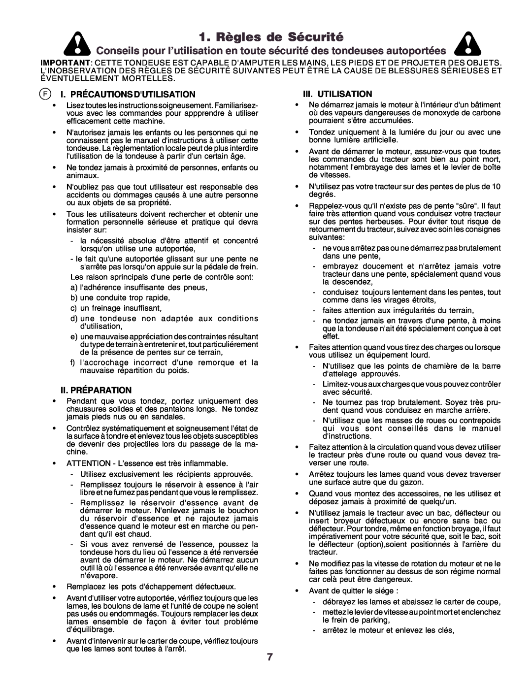 Husqvarna CT160 instruction manual 1. Règles de Sécurité, Fi. Précautions Dutilisation, Ii.Préparation, Iii.Utilisation 