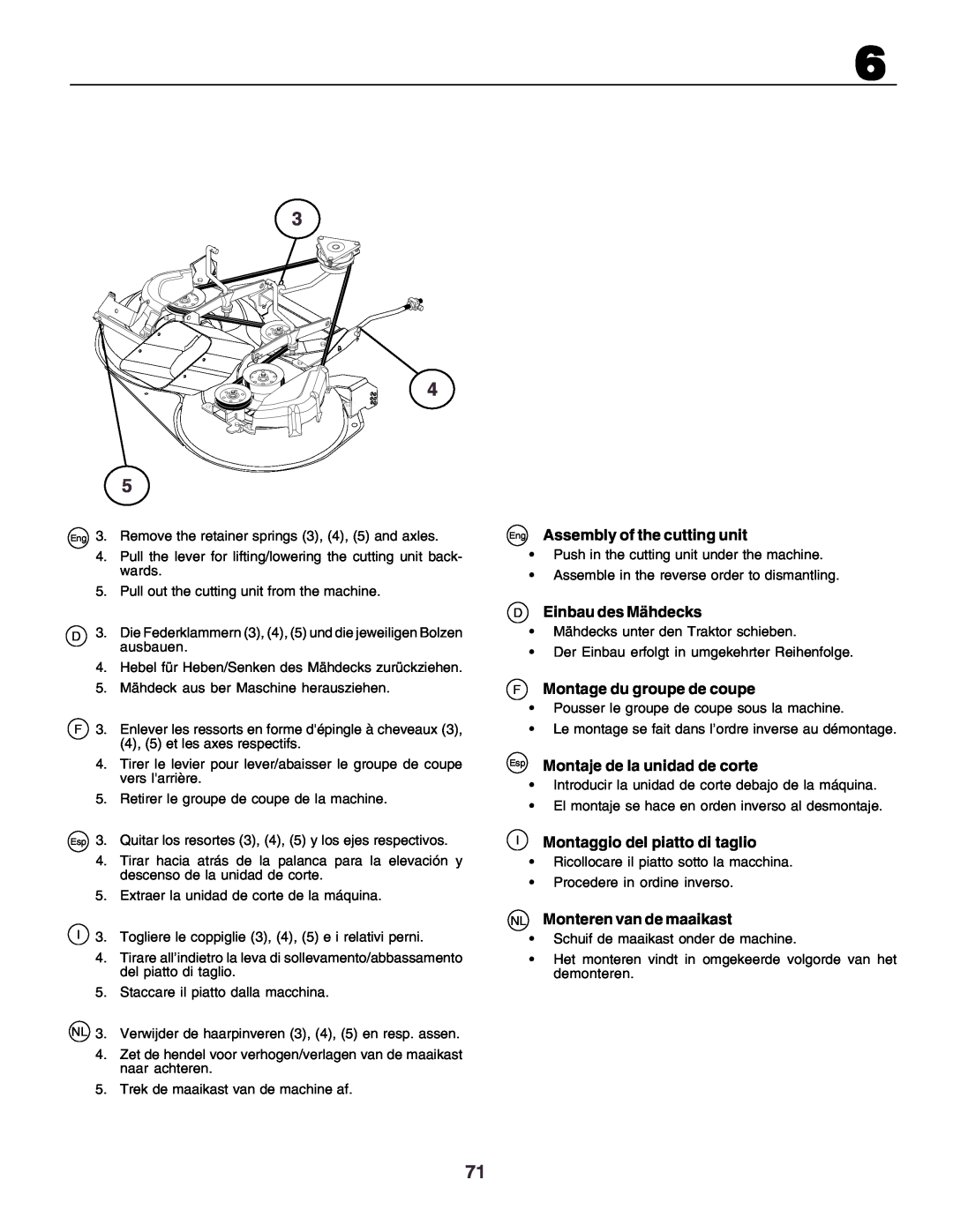Husqvarna CT160 instruction manual Eng Assembly of the cutting unit, DEinbau des Mähdecks, FMontage du groupe de coupe 