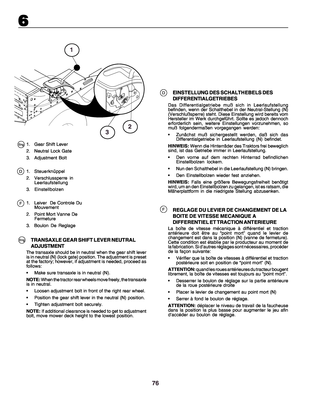 Husqvarna CT160 instruction manual Eng TRANSAXLE GEAR SHIFT LEVER NEUTRAL ADJUSTMENT 