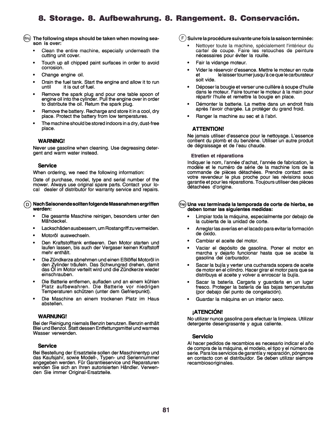 Husqvarna CT160 instruction manual Service, Warnung, ¡Atención, Servicio, Etretien et réparations 