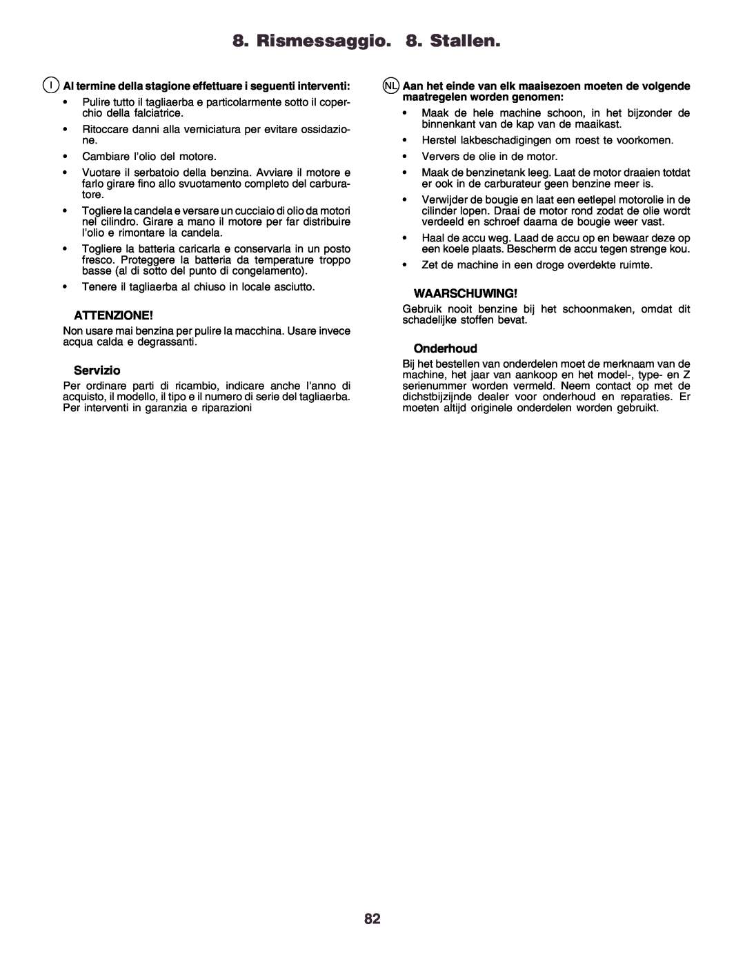 Husqvarna CT160 instruction manual Rismessaggio. 8. Stallen, Attenzione, Servizio, Waarschuwing, Onderhoud 