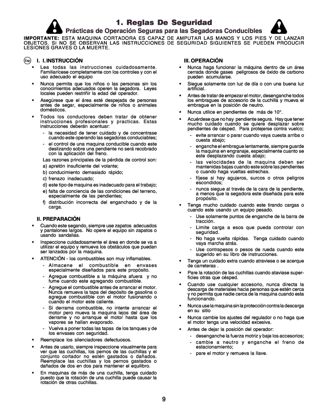 Husqvarna CT160 instruction manual Reglas De Seguridad, Esp I. I. INSTRUCCIÓN, Iii. Operación, Ii.Preparación 