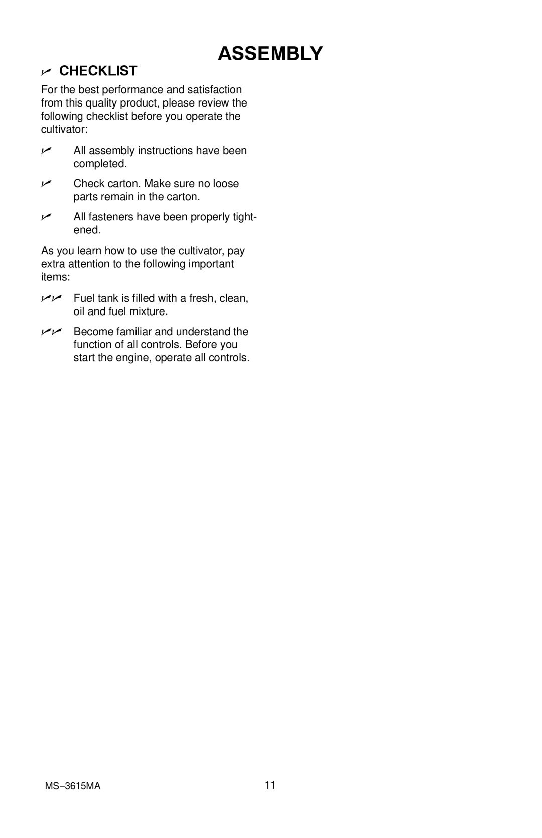 Husqvarna CT20 manual Checklist 