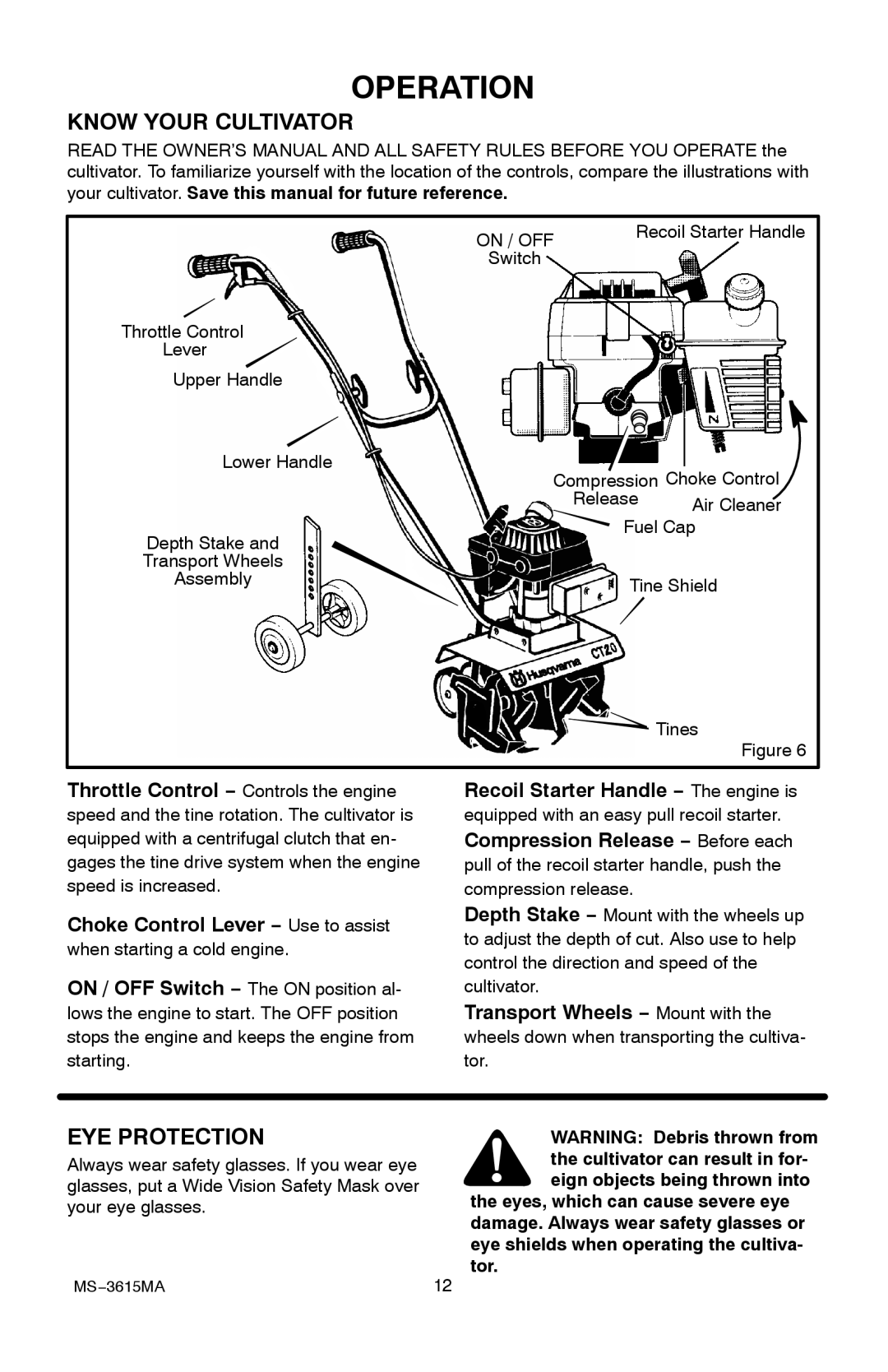 Husqvarna CT20 manual Operation, Know Your Cultivator, EYE Protection 