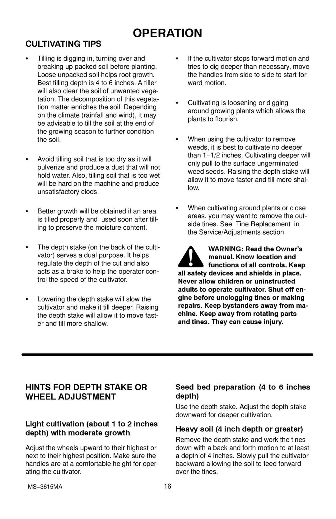 Husqvarna CT20 manual Cultivating Tips, Hints for Depth Stake or Wheel Adjustment, Seed bed preparation 4 to 6 inches depth 