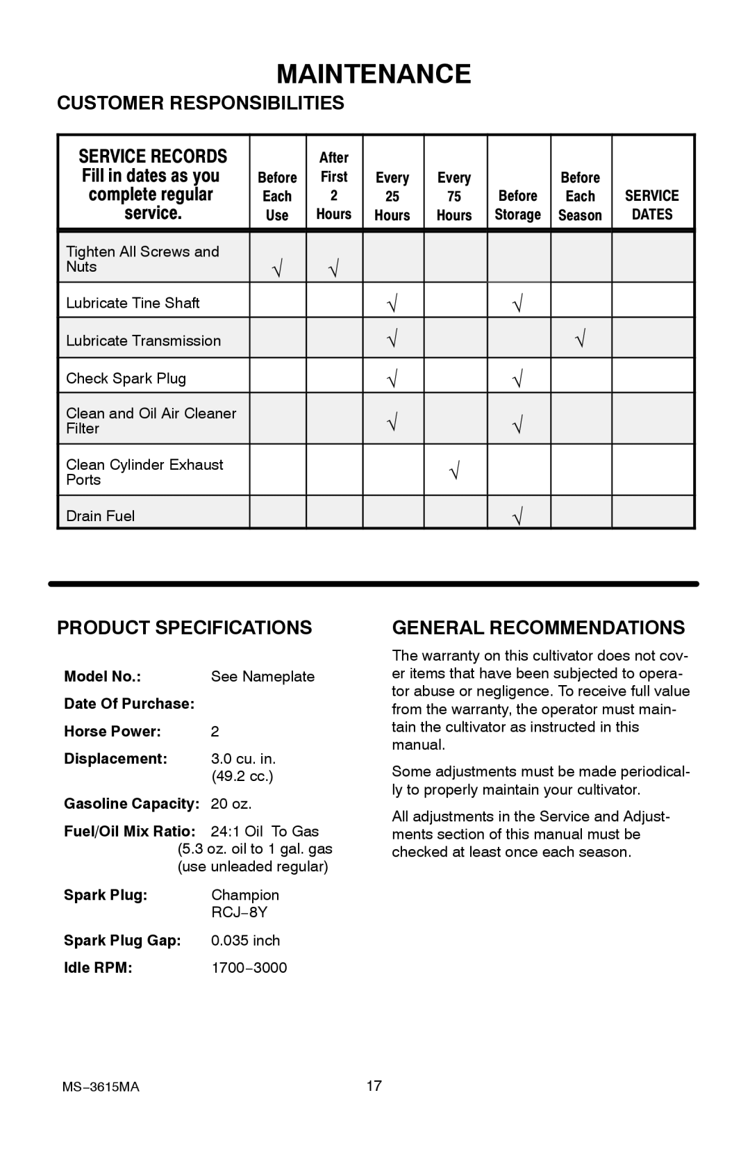 Husqvarna CT20 manual Maintenance, Customer Responsibilities, Product Specifications, General Recommendations 