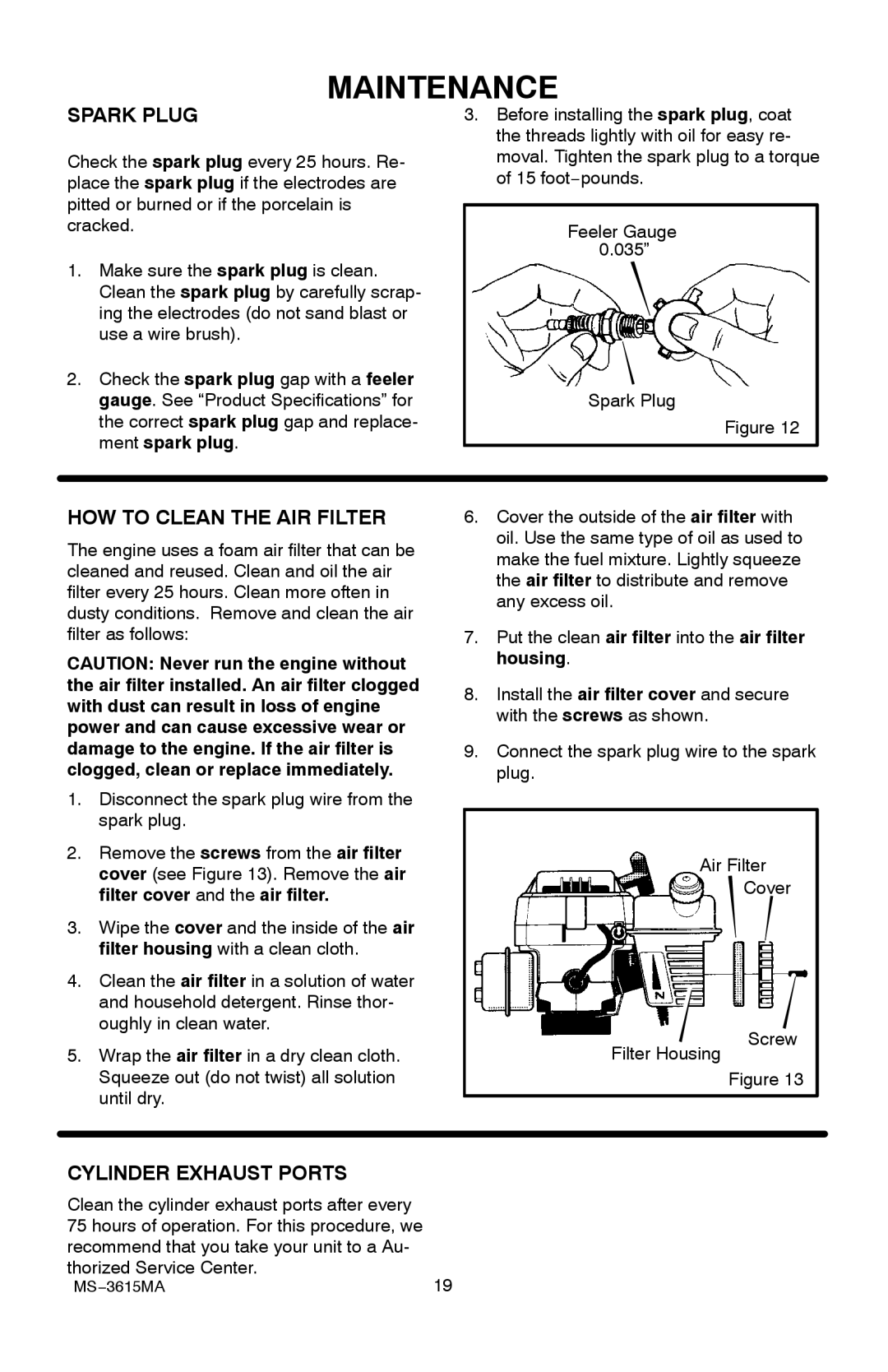 Husqvarna CT20 manual Ment spark plug, Filter cover and the air filter 