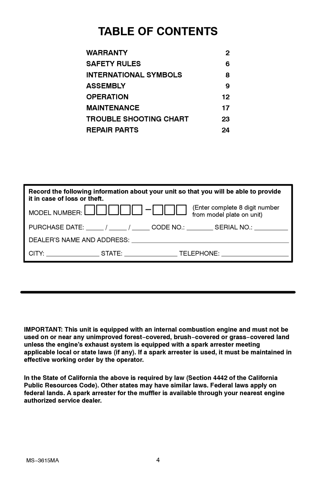 Husqvarna CT20 manual Table of Contents 