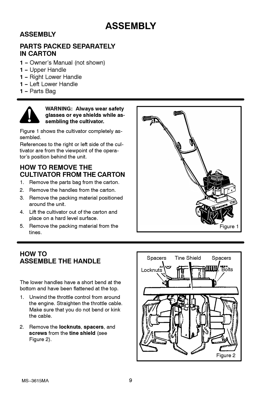 Husqvarna CT20 manual Assembly Parts Packed Separately in Carton, HOW to Remove the Cultivator from the Carton 