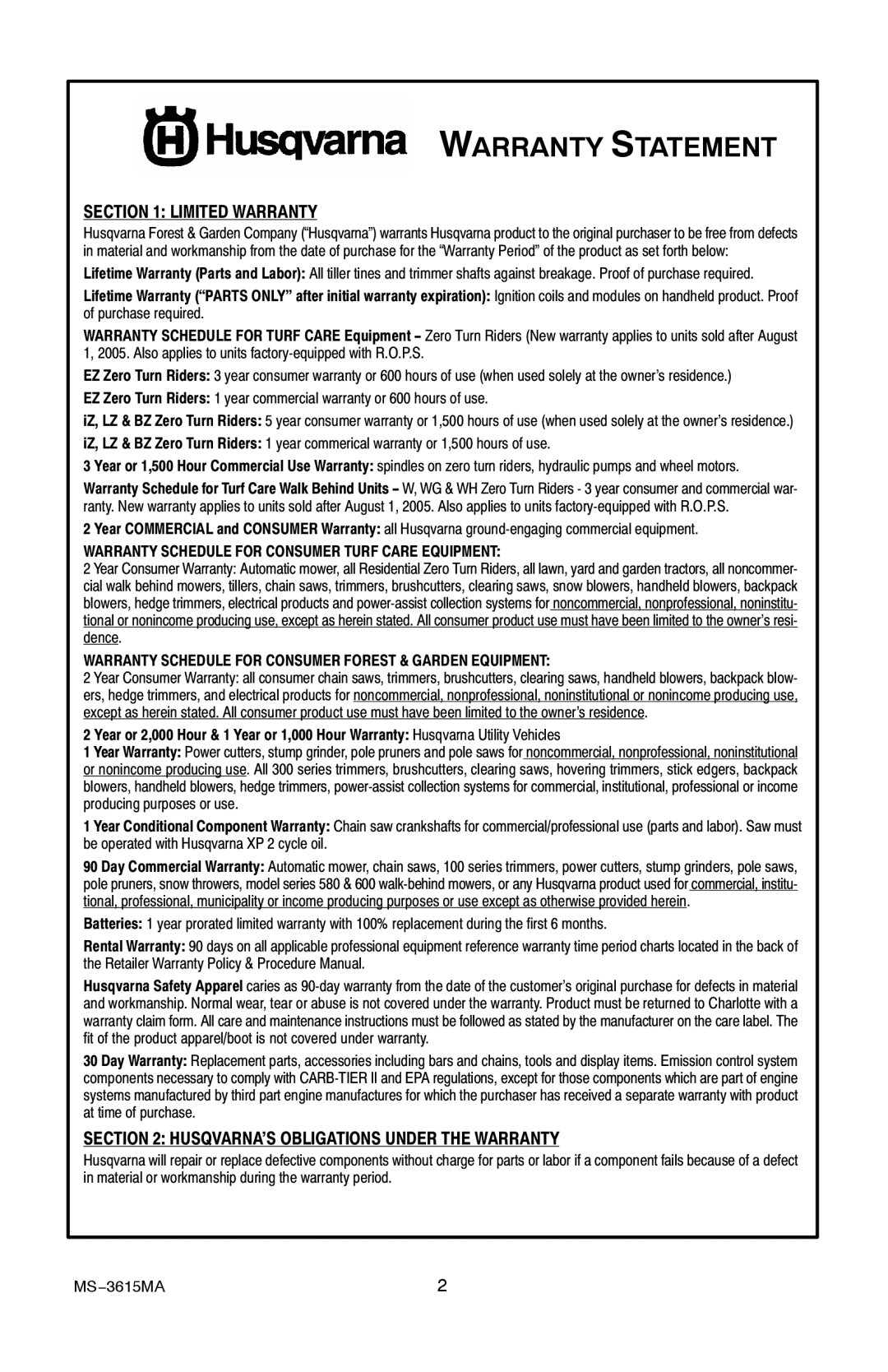 Husqvarna CT20 manual Warranty Statement, Limited Warranty 