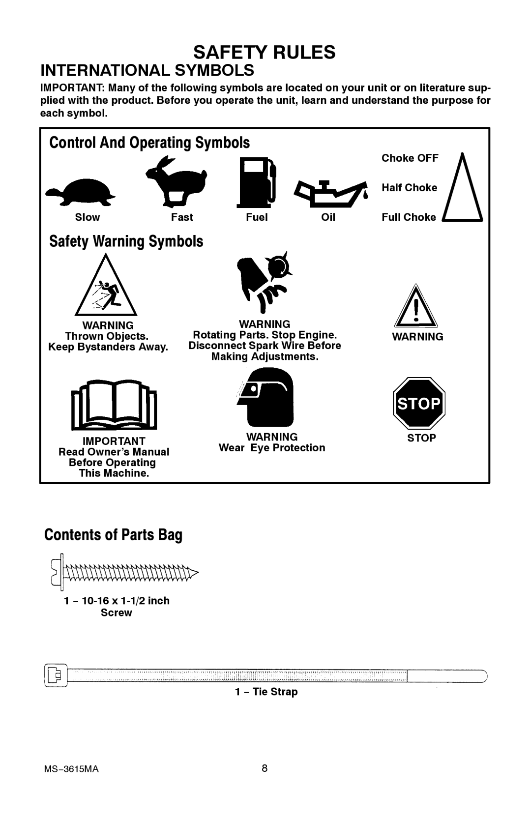 Husqvarna CT20 manual International Symbols, Safety Rules, Control And Operating Symbols, Safety Warning Symbols 