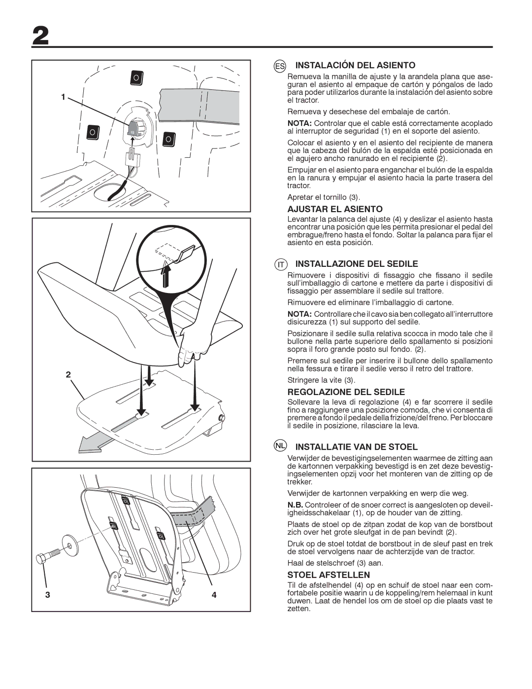 Husqvarna CTH126 Instalación DEL Asiento, Ajustar EL Asiento, Installazione DEL Sedile, Regolazione DEL Sedile 