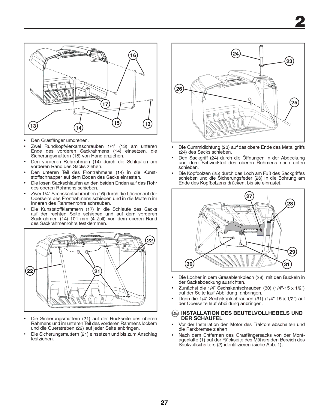 Husqvarna CTH126 instruction manual Installation DES Beutelvollhebels UND, DER Schaufel, Den Grasfänger umdrehen 