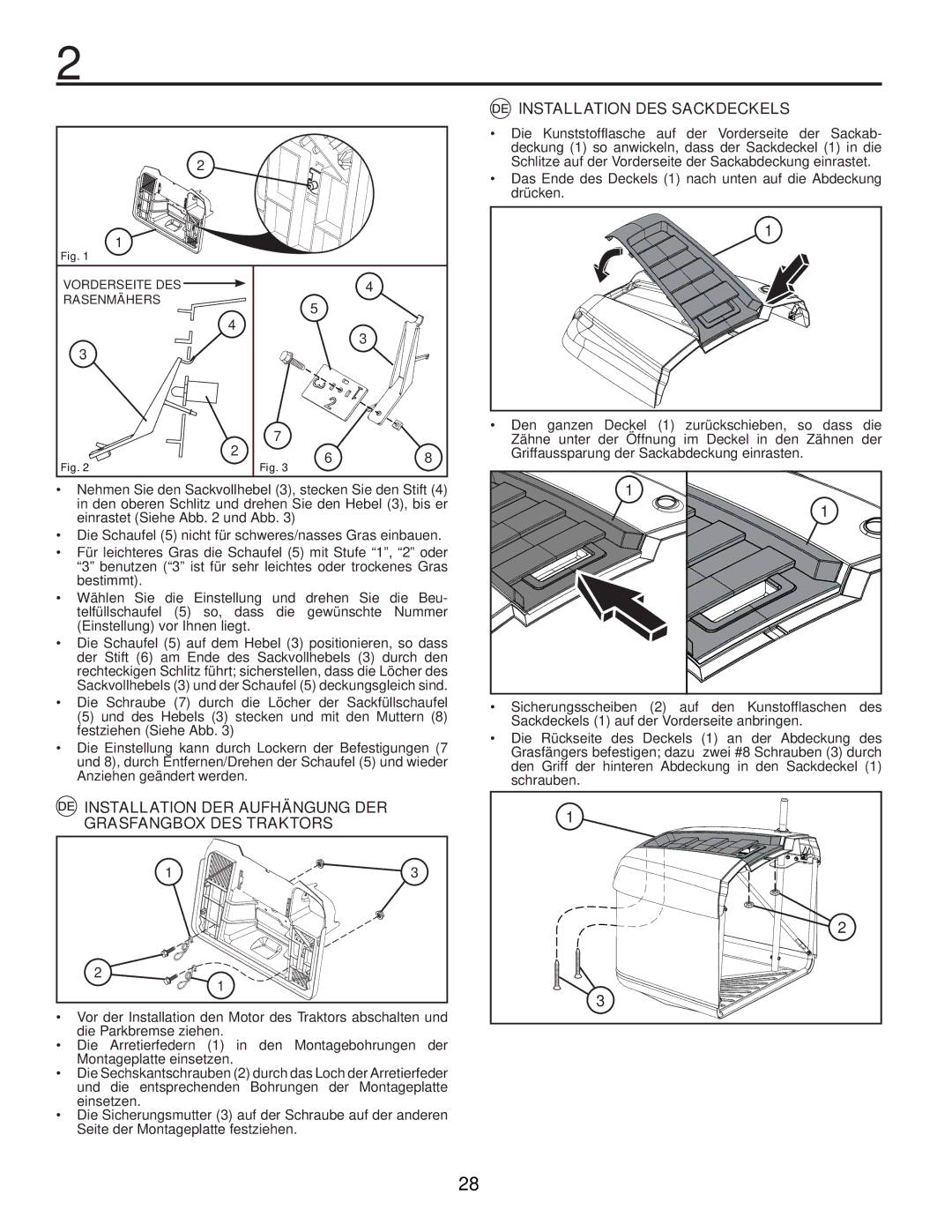 Husqvarna CTH126 instruction manual Installation DES Sackdeckels, Installation DER Aufhängung DER Grasfangbox DES Traktors 