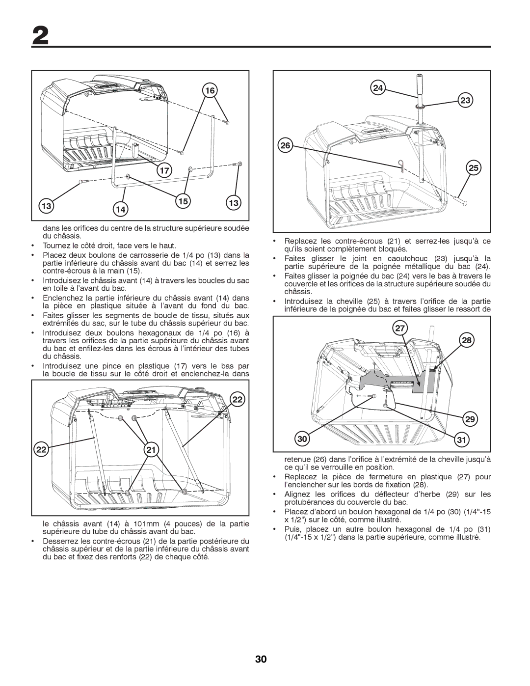 Husqvarna CTH126 instruction manual En caoutchouc, Partie inférieure du châssis avant du bac 14 et serrez les 