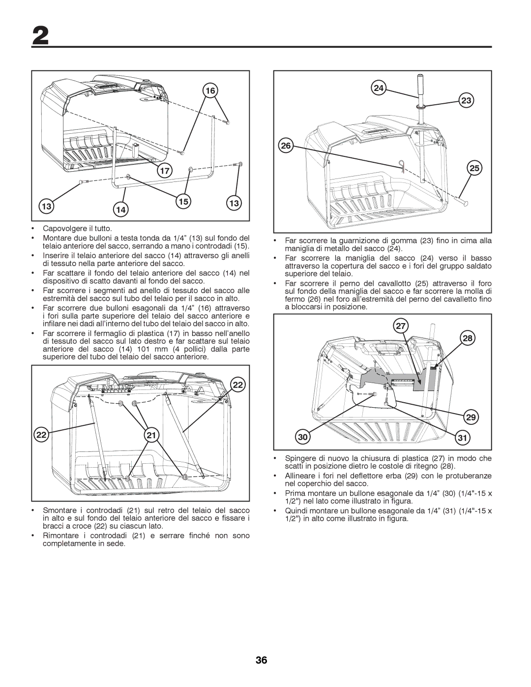 Husqvarna CTH126 instruction manual Estremità del sacco sul tubo del telaio per il sacco in alto 