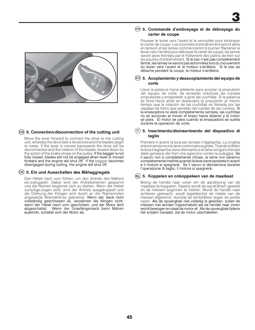 Husqvarna CTH126 instruction manual Connection/disconnection of the cutting unit, Ein und Ausschalten des Mähaggregats 