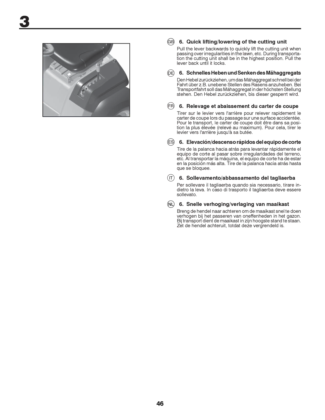 Husqvarna CTH126 instruction manual Quick lifting/lowering of the cutting unit, SchnellesHebenundSenkendesMähaggregats 