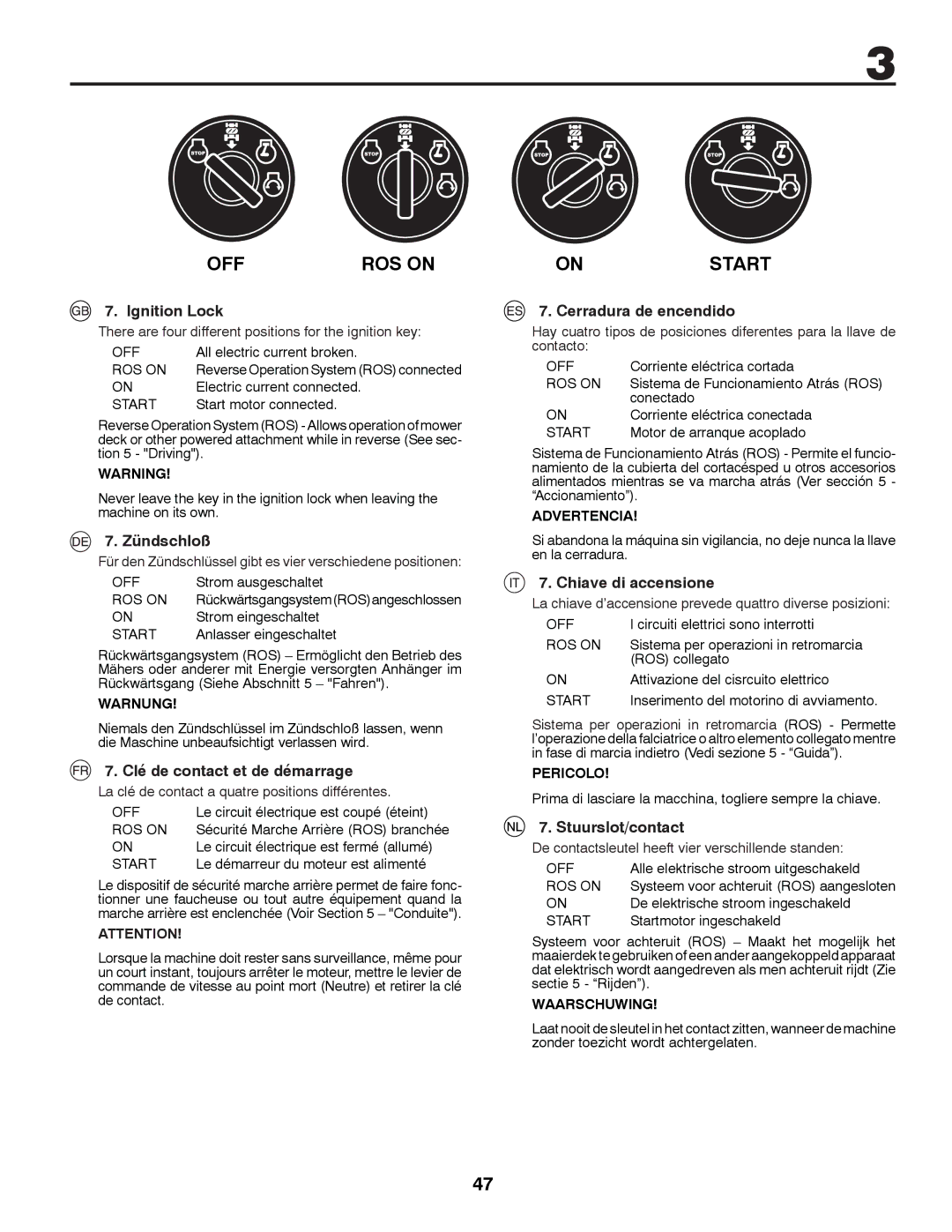 Husqvarna CTH126 Ignition Lock, Zündschloß, Clé de contact et de démarrage, Cerradura de encendido, Chiave di accensione 