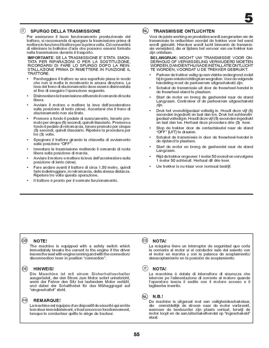 Husqvarna CTH126 instruction manual Spurgo Della Trasmissione, Transmissie Ontluchten, Hinweis, Remarque, Nota 