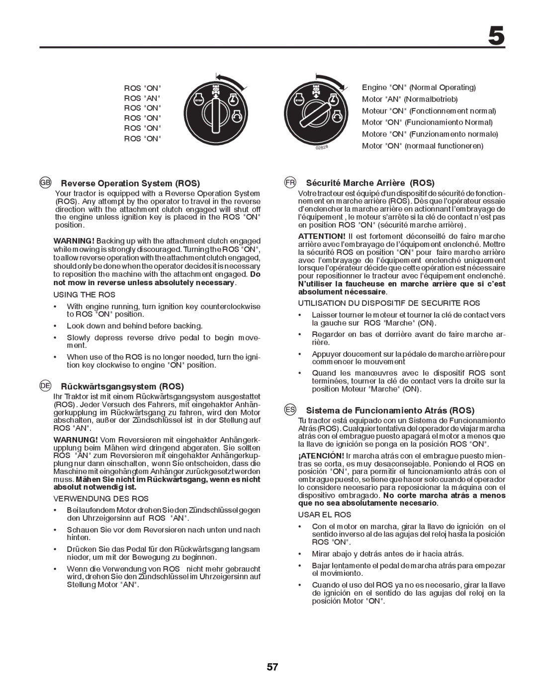 Husqvarna CTH126 instruction manual Reverse Operation System ROS, Rückwärtsgangsystem ROS, Sécurité Marche Arrière ROS 