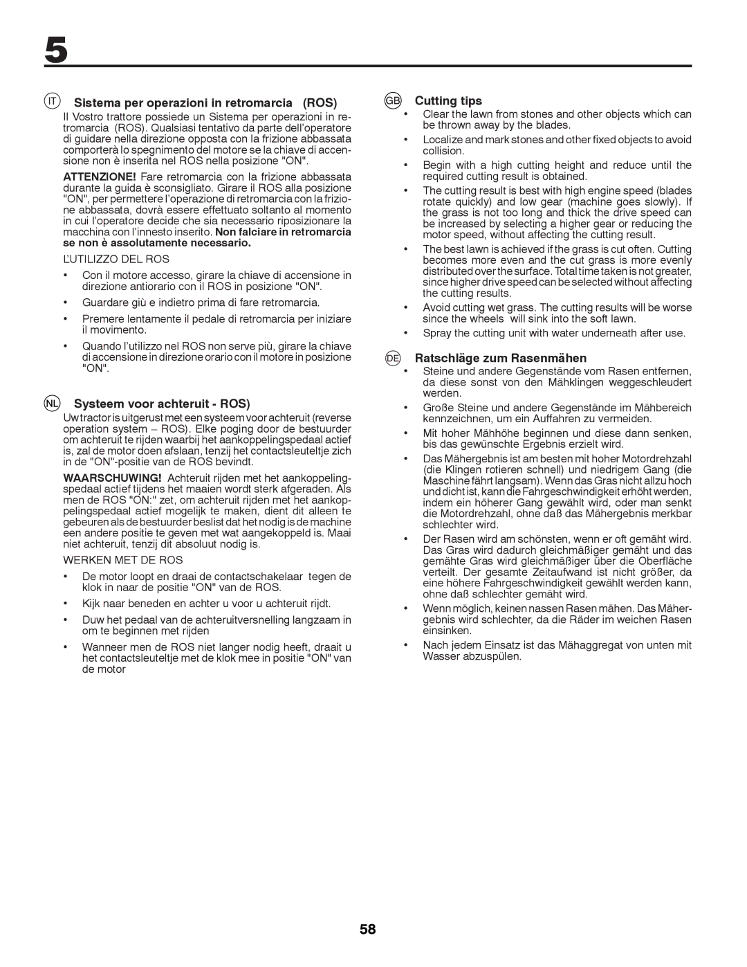 Husqvarna CTH126 instruction manual Sistema per operazioni in retromarcia ROS, Systeem voor achteruit ROS, Cutting tips 