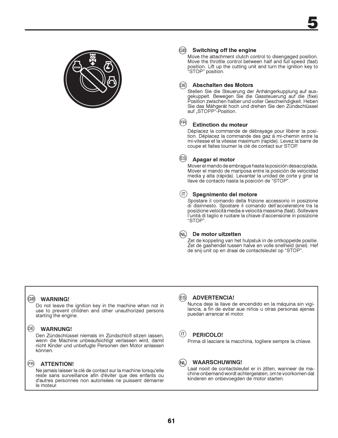 Husqvarna CTH126 instruction manual Switching off the engine, Abschalten des Motors, Extinction du moteur, Apagar el motor 