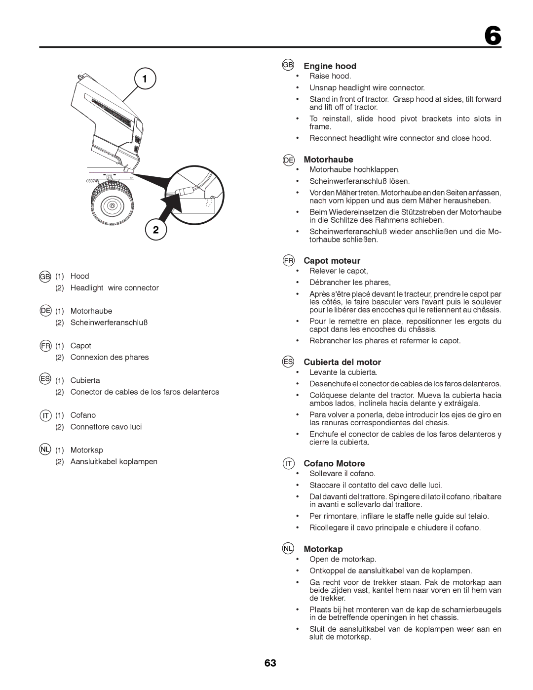 Husqvarna CTH126 instruction manual Engine hood, Motorhaube, Capot moteur, Cubierta del motor, Cofano Motore, Motorkap 