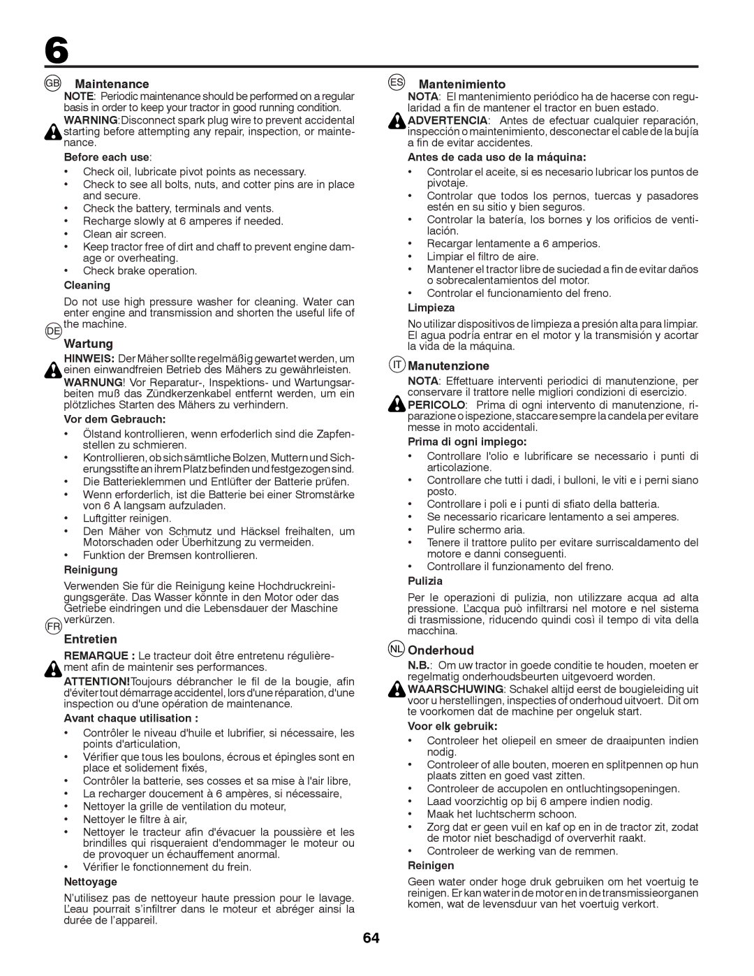 Husqvarna CTH126 instruction manual Maintenance, Wartung, Entretien, Mantenimiento, Manutenzione, Onderhoud 