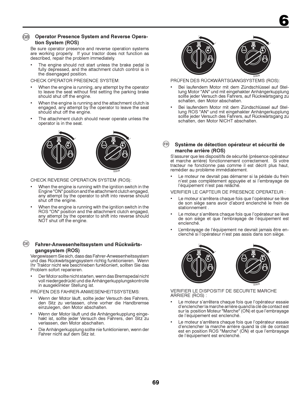 Husqvarna CTH126 instruction manual Operator Presence System and Reverse Opera- tion System ROS 